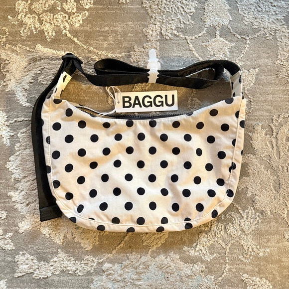 BAGGU Handbags - BAGGU Medium Nylon Crescent Bag - Polka Dot Cream + Black
